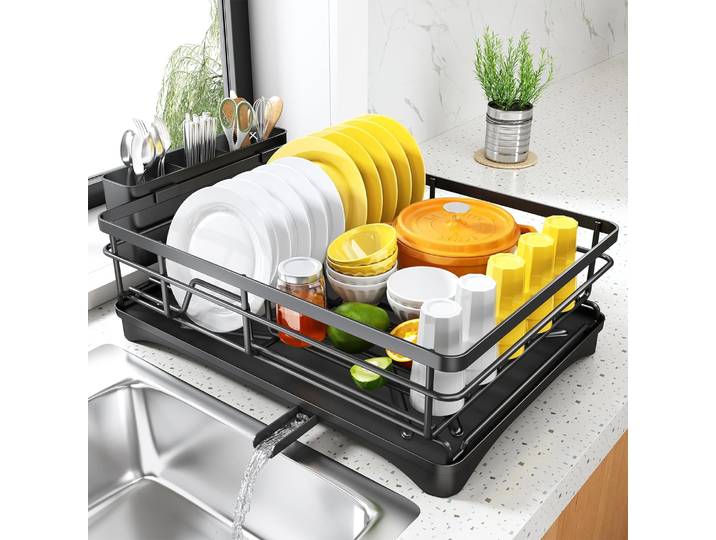 Égouttoir à vaisselle pour comptoir de cuisine, grand égouttoir avec plateau de drainage, égouttoir à vaisselle antirouille avec porte-ustensiles pour évier