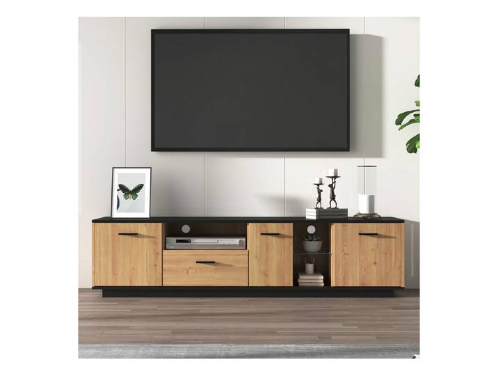 MC Star TV-Ständer mit einer Schublade, drei Türen, zwei offene Fächer mit Glas TV-Möbel, (TV-Board, TV-Lowboard Feinstruktur. Schwarze und natürliche Holzfarben. 16 variable LED-Leuchten)