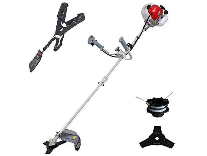IKRA Benzin Freischneider IBF 43 inkl. Fadenspule, Messer & Schultergurt 42,7cm³, 1,1 kW, Grasverwicklungsschutz, 2-Takt-Motor, werkzeugloser Luftfilterwechsel, anpassbarer Aluminium Bike-Handgriff
