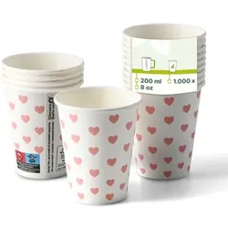 Green Box Pappbecher mit Hearts Druck 1000 Stück 200 ml / 8 oz, Ø 80 mm, weiß - Kaffeebecher take away - PE Beschichtung - Einwegbecher für heiße
