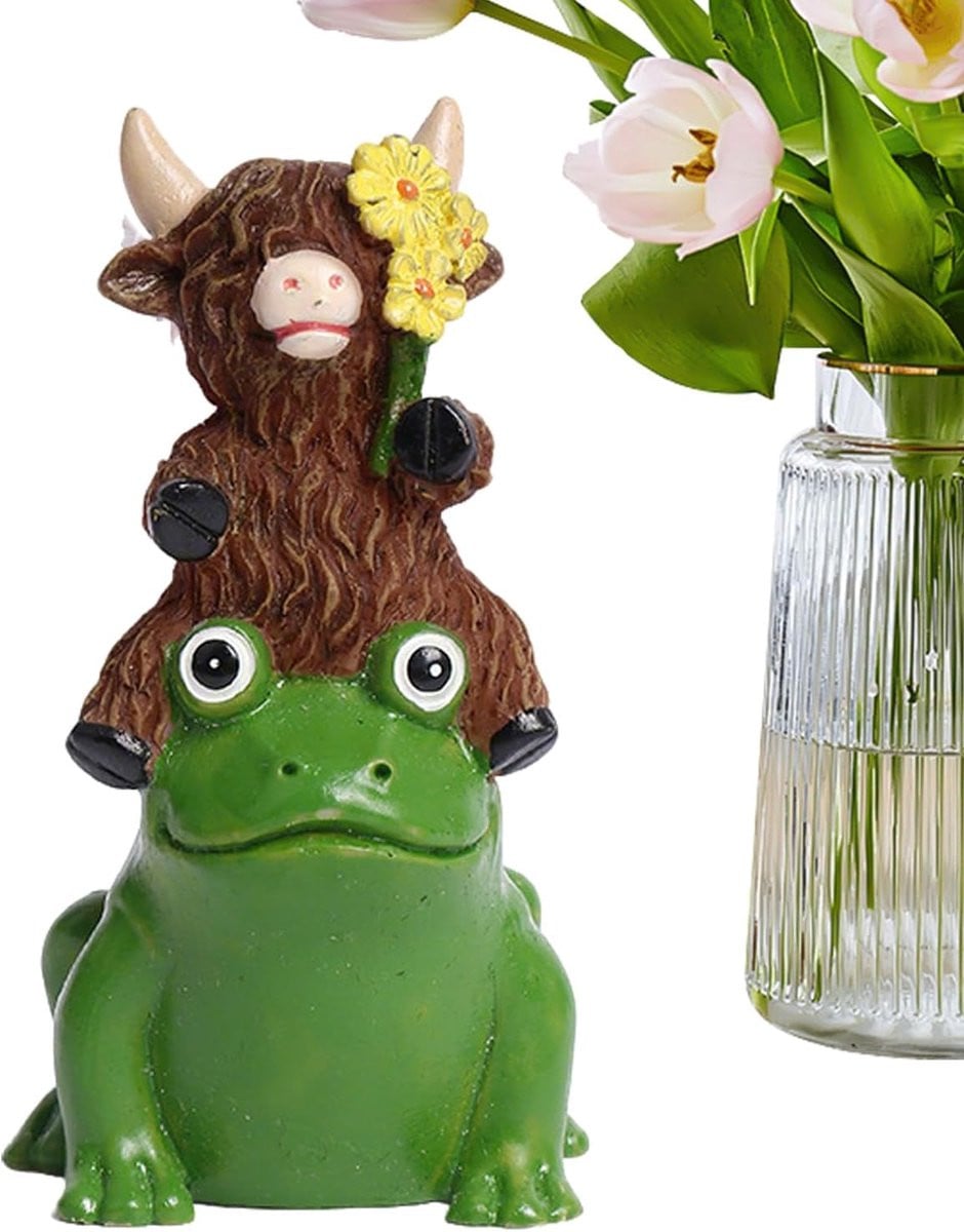 Handgeschilderd Koe Beeldje - Zittende Dierenfiguur Decoratie - Hoogte: 9,3 cm