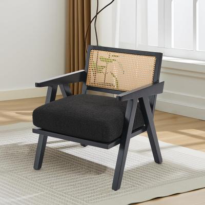 Garvee Mid-Century Accent Chair, Farmhouse Wood Armchair with Rattan Backrest and Cushion