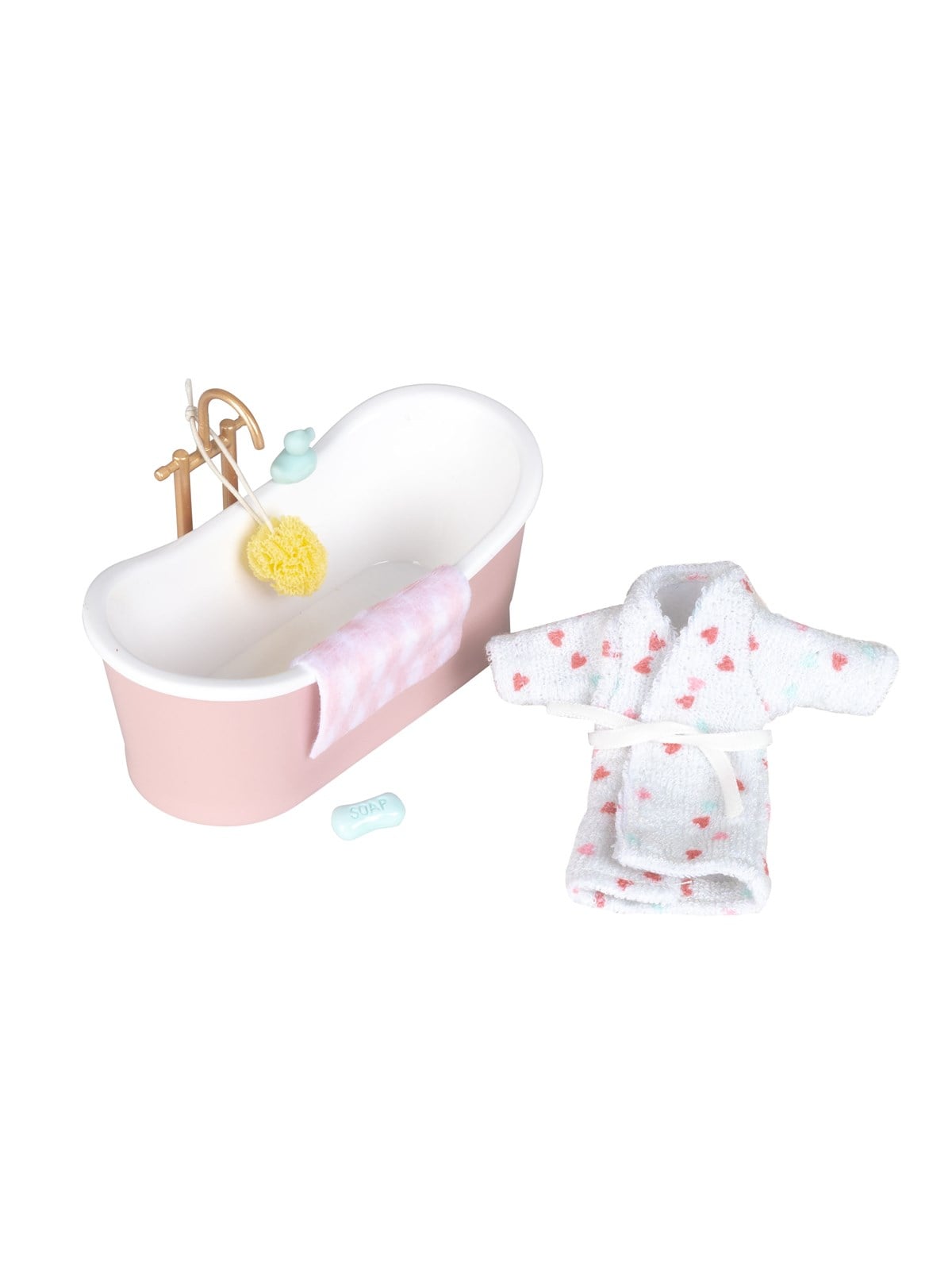 Micki Lundby rosa Badewanne mit goldfarbenem Wasserhahn, Schwamm, Gummiente, Seife, Handtuch & Bademantel mit Herzmuster.