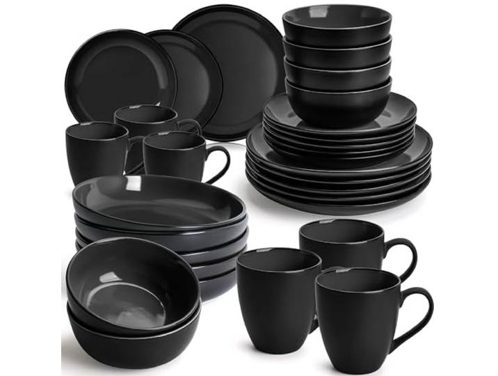 MIAMIO - Geschirrset/Tafelservice Keramik (30-teilig)-Le Papillon (Schwarz) Tafelservice Steingut für 6/große, kleine & tiefe Teller, Schüsseln & Kaffeetassen, Keramik Geschirr Set - spülmaschinenfest