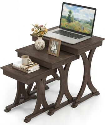 Costway 3 Pieces Nesting Coffee Table Side Table with Solid Rubber Wood Legs-Brown