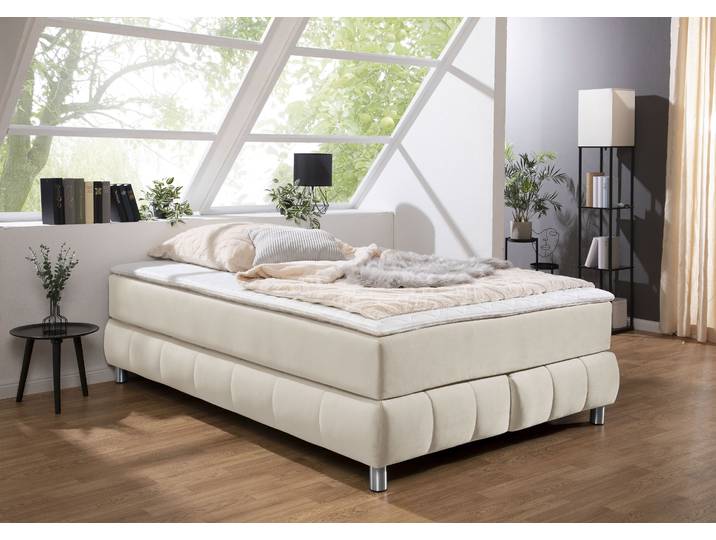Boxspringbett, Samtoptik, Beige, 146×206 cm, Ohne Kopfteil, Modern, andas