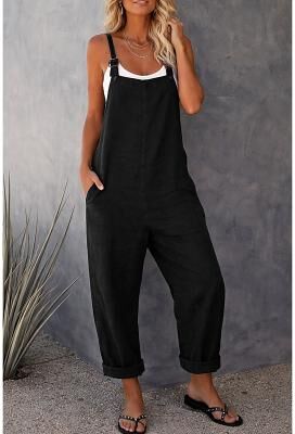 LightInthebox Women's Jumpsuits Casual Bib Utility Rompers Side Pockets Full Length Pants Weekend Inelastic Plain Faux Linen Comfort Mid Waist Green Black Red S M L XL XXL Summer Fall Dungarees