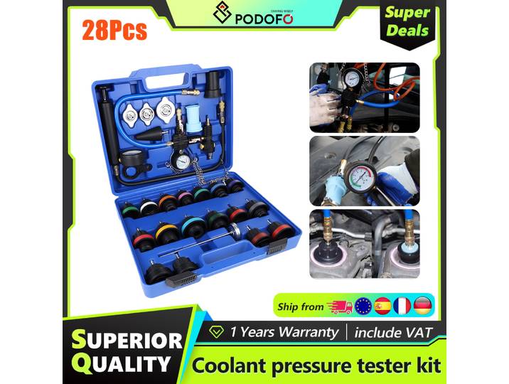 Podofo Kit de test de pression du liquide de refroidissement et d'outils de remplissage sous vide 28 pièces, test de fuite du système de refroidissement automobile, ensemble de purge et de remplissage