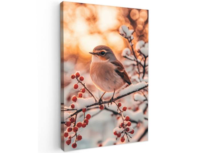 LEINWANDBILD Vogel - Zweig - Winter - Tiere - Schnee Deko Groß 90x140 cm