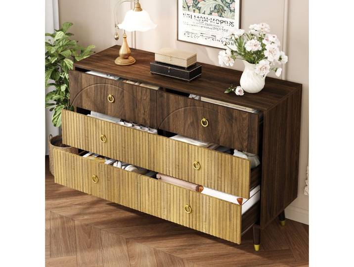 WOVREO Buffet bas 120 x 40 x 81 cm à 6 tiroirs décor bois bicolore vintage marron et naturel