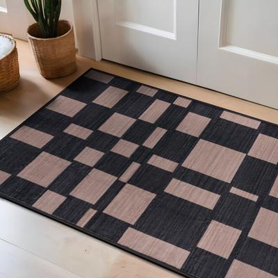 World Rug Gallery Checkered Block Slate Machine Washable Polyester Non-Slip Backing Area Rug