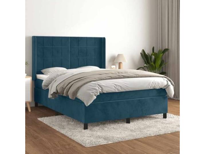 RJPLMFV Bettgestell, Velours, Dunkelblau, 140 x 190 cm Verstellbares Kopfteil, Taschenfederkernmatratze, mittlere Unterstützung, weicher Matratzenschoner