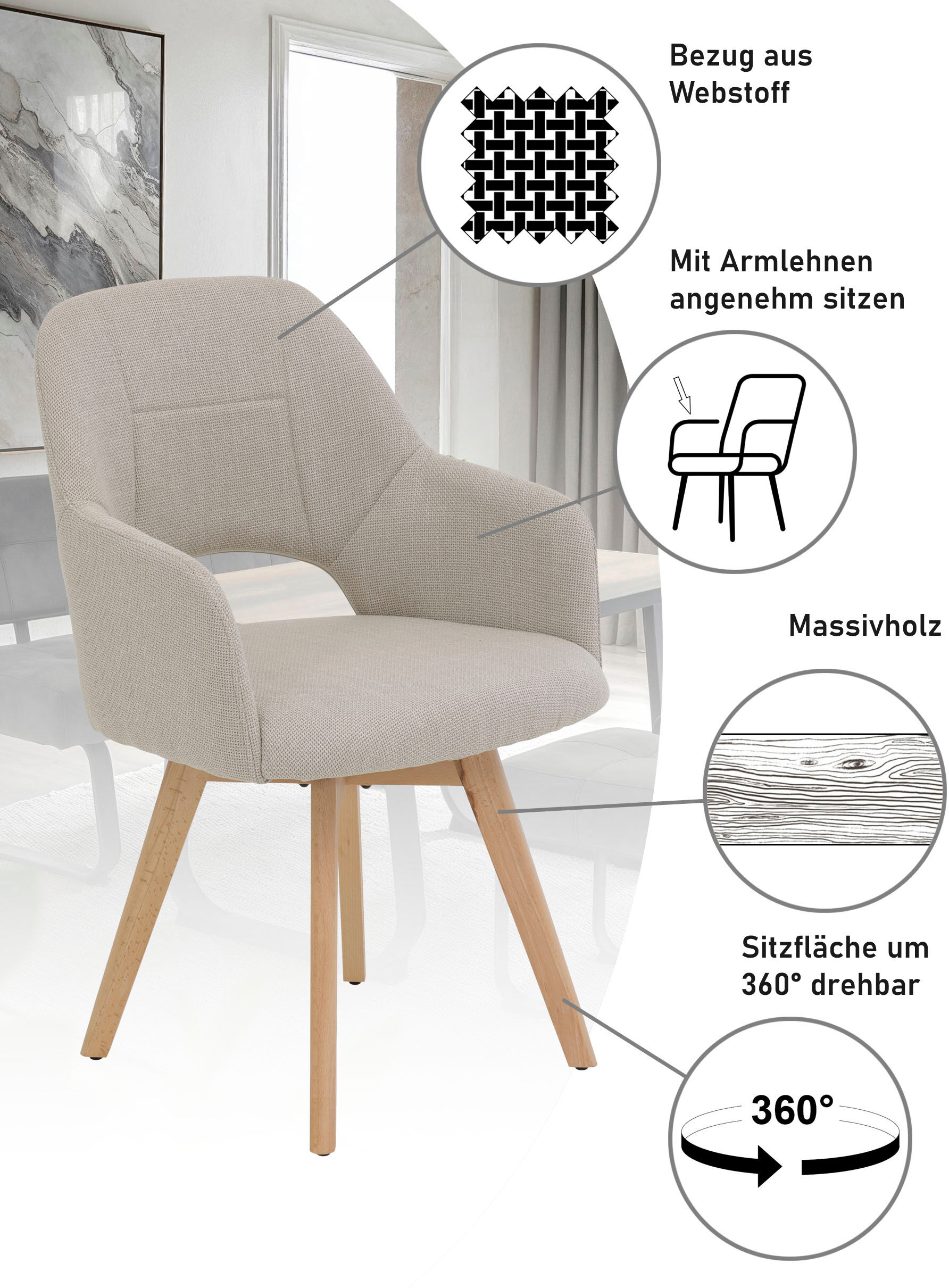 4-Fussstuhl HELA "STADE", beige (beige, buche, buche, beige), B:57cm H:88cm T:61cm, Metall, Polyester, Stoff, Stühle, 4-Fussstuhl, 360 drehbar,Massivholz 4-Fuss,Armlehnen,Ausschnitt im Rücken beige, buche, buche, beige B/H/T: 57cm x 88cm x 61cm, 2 Stk., M