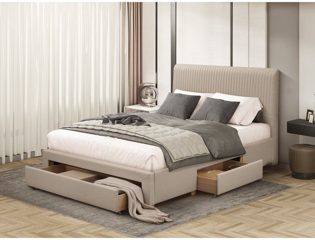 Latitude Run Upholstered Drawers Bed Frame Beige Double (4'6)