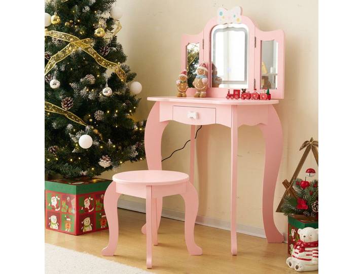 Coiffeuse pour Enfants avec Miroir à Trois Volets Tabouret et Lampe LED Tactile 3 Couleurs (Rose)