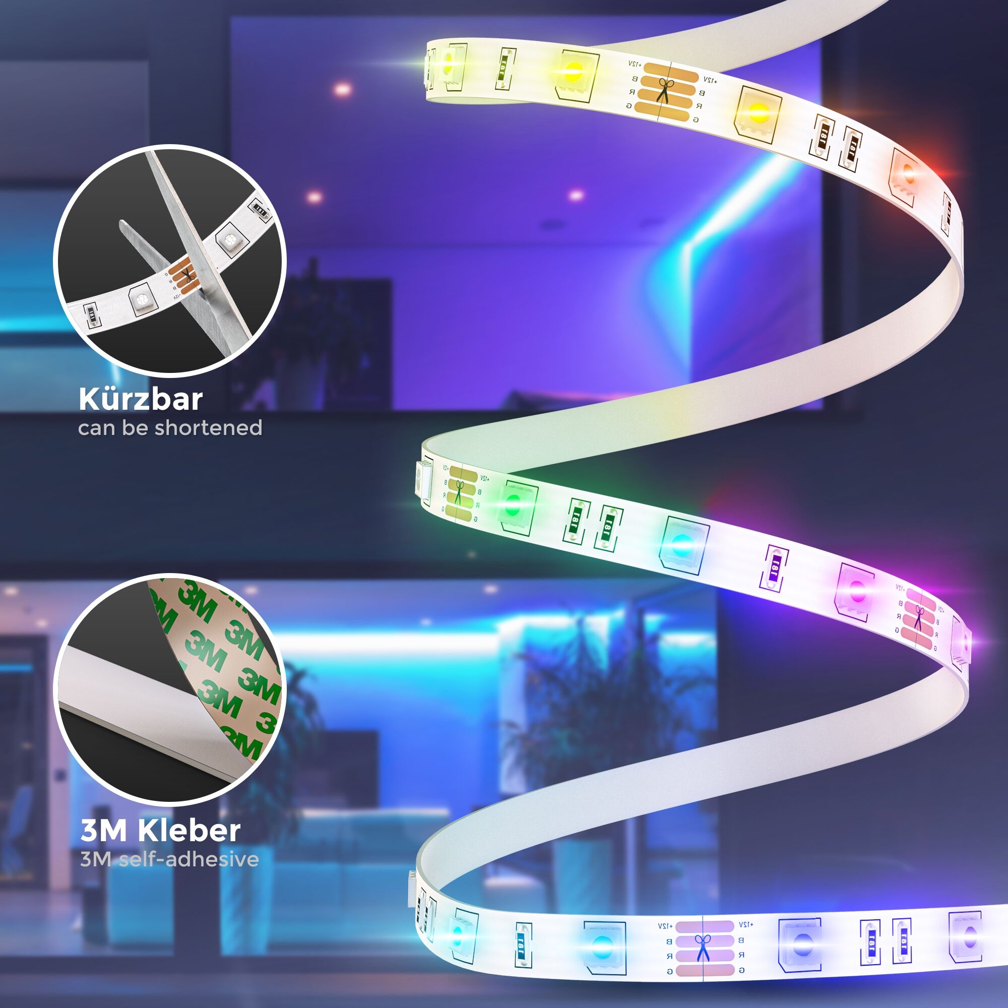 B.K.LICHT LED-Streifen "Lucilla", weiß, Gesamtlänge 3m, Lichterketten, LED Band, RGB, Fernbedienung, selbstklebend, Farbwechsel, kürzbar, LED-Streifen