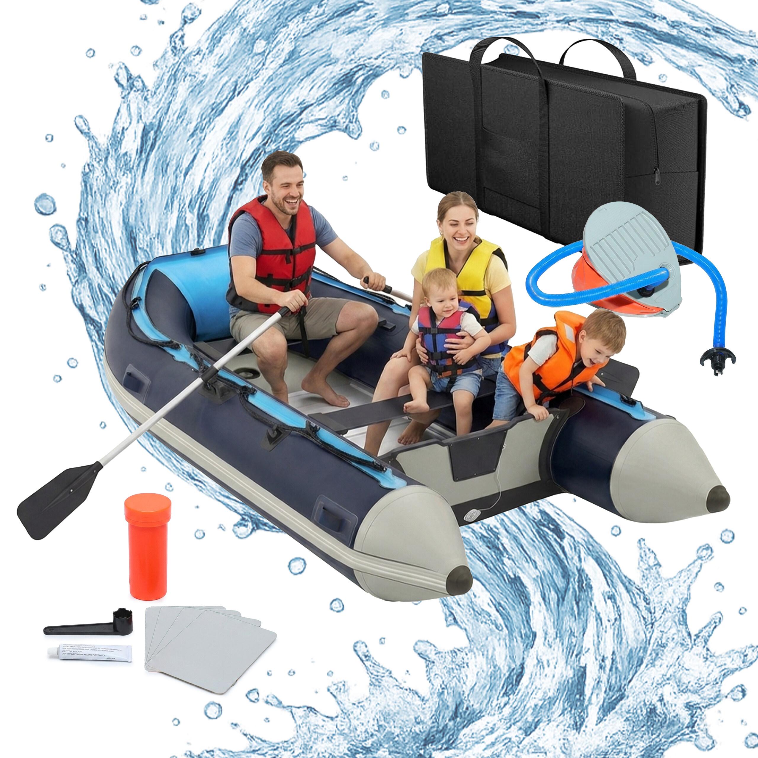 Relaxdays Schlauchboot Set, 4 Personen, 3,20 m, Paddel, Pumpe & Tasche, Angelboot Aluboden, Boot aufblasbar, blau-weiß