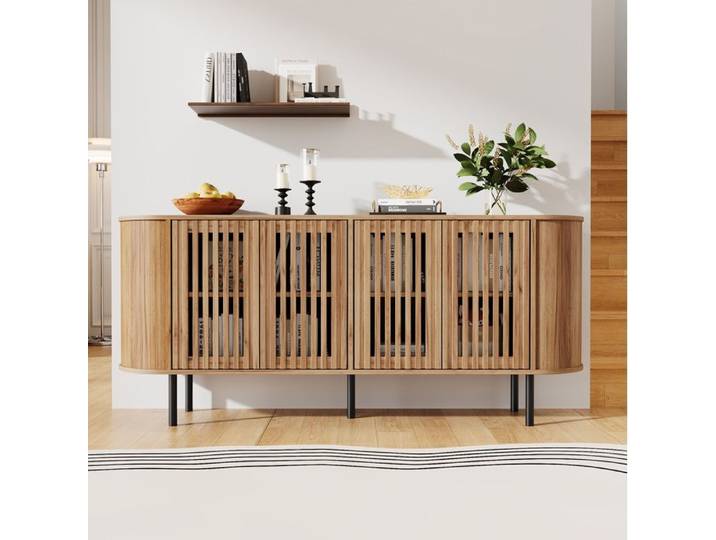Maisentiel Buffet bas 160x40x70 cm en MDF naturel 4 portes coulissantes perforées pieds métal