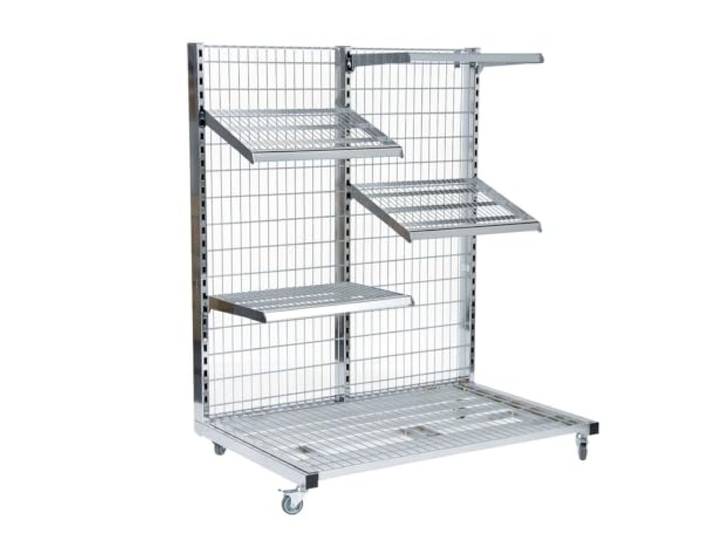 Verkaufsregal Metallgitter chrom rollbar mit 4 Einhängeböden höhenverstellbar, stabiler Warenständer H158xB131xT86 cm, Gemüseregal Obstregal Achsmaß 63 cm, Getränkekistenregal ideal für Außenbereich