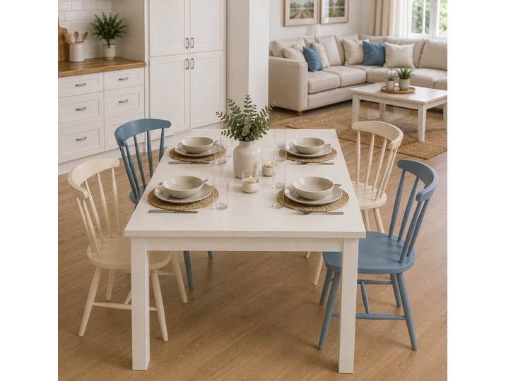 Skandinavische Essgruppe: Tisch mit 4 Stühlen in Blau und Creme