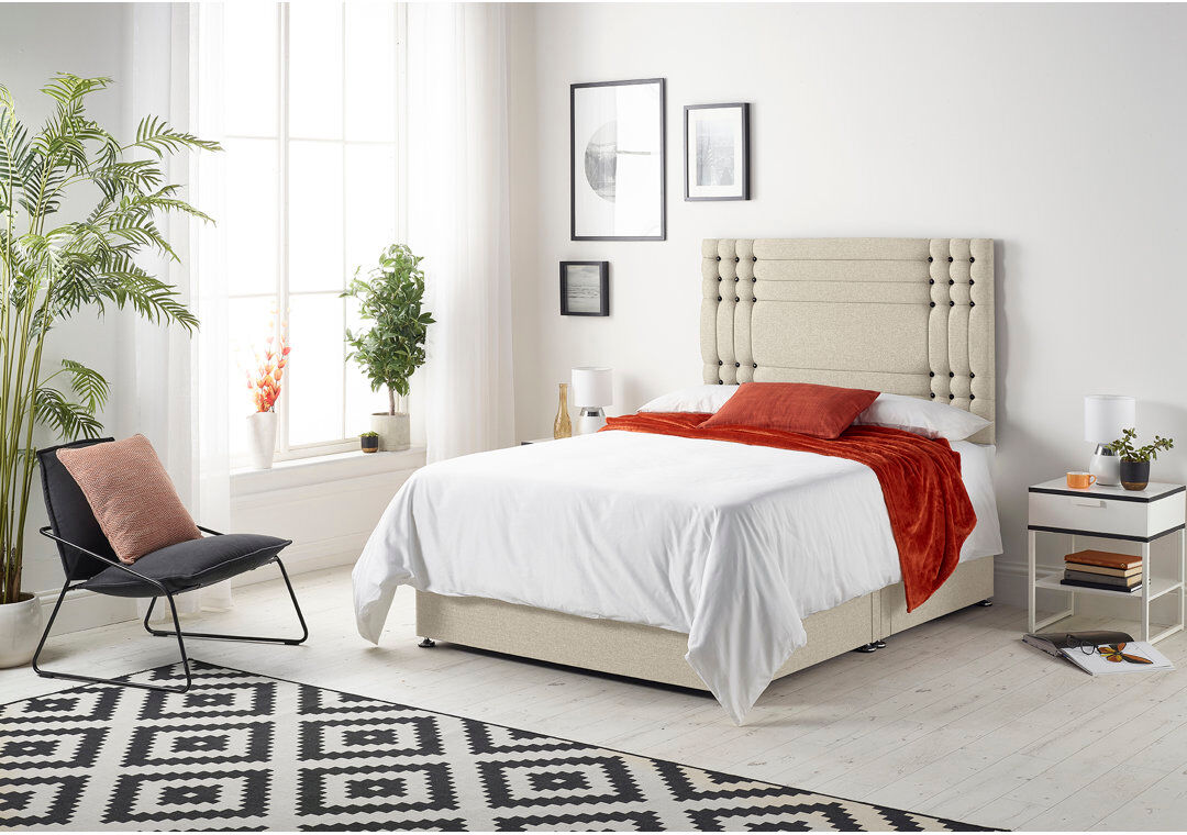 Ebern Designs Dennishia Tweed Fabric Divan Bed with Mattress No Headboard Natural Small Double (4')