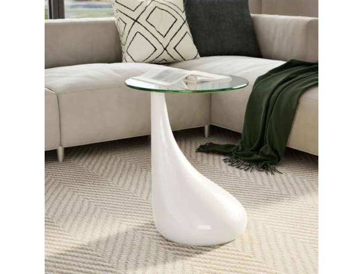 Runder Couchtisch mit Glasplatte Hochglanz Weiß Tropfenform Beistelltisch Hartglasplatte, Tropfenform-Sockel, vielseitig nutzbar, modernes Design, kompakt