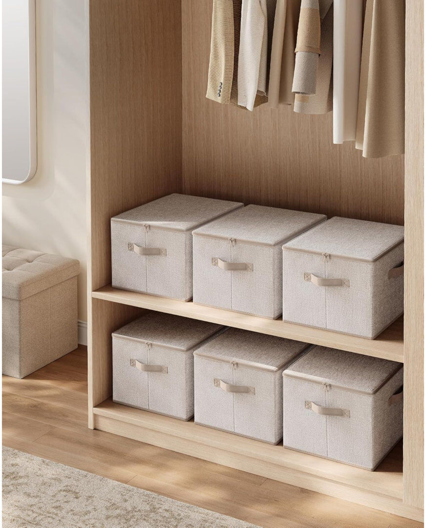 Brayden Studio Foldable Storage Organiser Boxes, Set Of 6 Storage Basket Bins With Lids, Handles, Clothes Organiser, 40 X 30 X 25 Cm, Non-Woven Fabric Beige