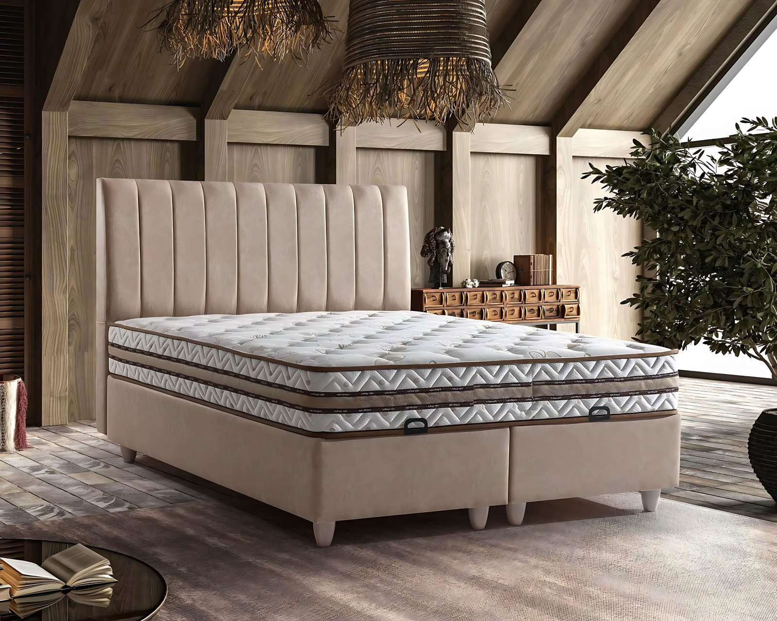 Elegant beige textiel bed met matras voor volwassenen
