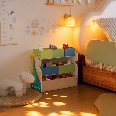 Mega Casa House-Shaped Kids Storage Cabinet with Fabric Bins, Multi-Compartment Toy & Book Organizer, Vertical Design