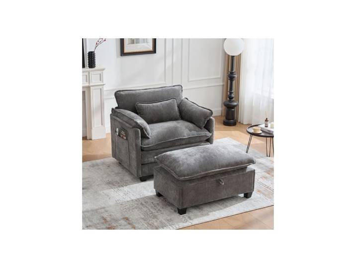 Fauteuil moderne - MUVOE - Chaise longue - Tissu chenille - Repose-pieds - Poche latérale