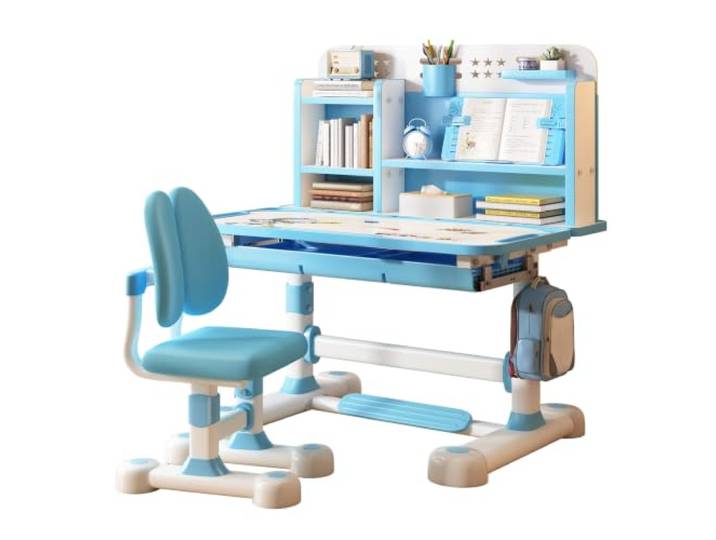 Fumweeb Höhenverstellbarer Kinderschreibtisch mit Stuhl und Sitzkorrektor Robustes Stahlgestell Mit MDF-Platte, 80cm Breite Tischplatte, Schubladen & Bücherständer, Einfache Montage Blau