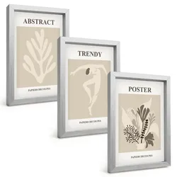 BILDER SET 3er Set - 20x30 cm Silberner Rahmen - Blumenmuster beige braun