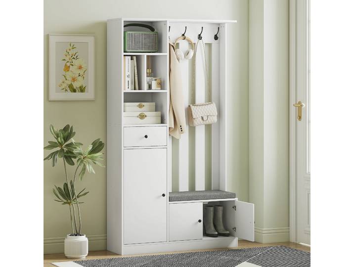 HOMCOM Armoire Vestiaire 180cm Blanc avec Banc et Porte-Vêtements