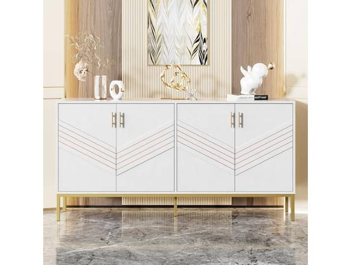 Merax Sideboard 160x40x80,5 cm, mit 4 Türen & goldenen Metallbeinen, stilvolle Aufbewahrung in Weiß + Gold, höhenverstellbare Regale, MDF-Korpus, für Wohnzimmer Esszimmer Flur, Weiß