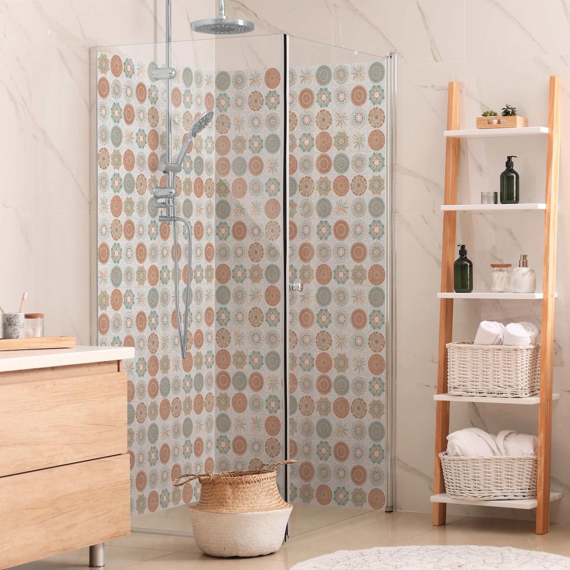Duschrückwand mit Motiv selbstklebend - 0.61 mm Wandpaneel wasserfest Design orange Fliesenoptik Illustration Badrückwand fugenlos Premium matt 100x190 cm