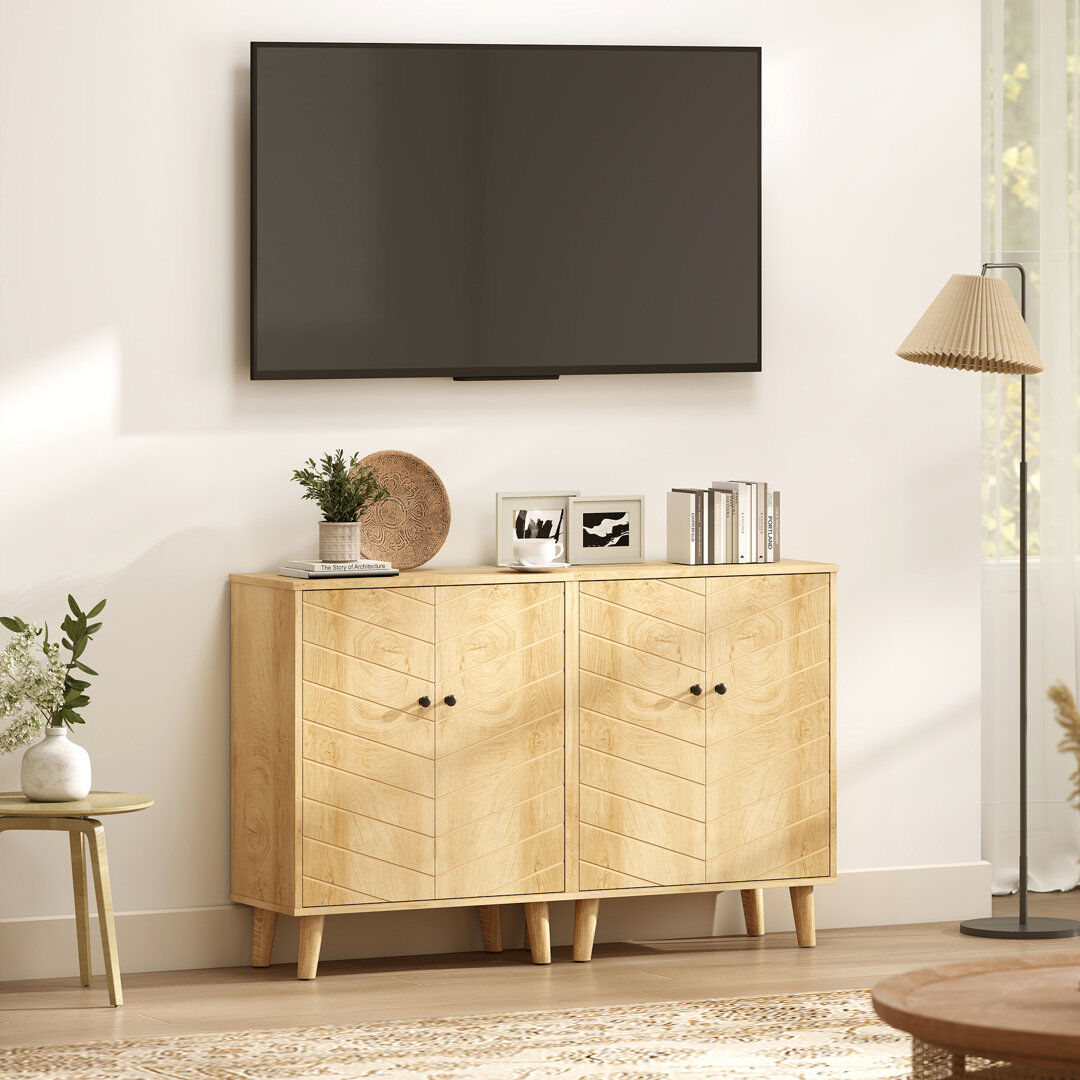 Norden Home Janis Storage Cabinet for Living Room Sideboard with Chevron Doors Natural Brown 76cm H X 60cm W X 30cm D
