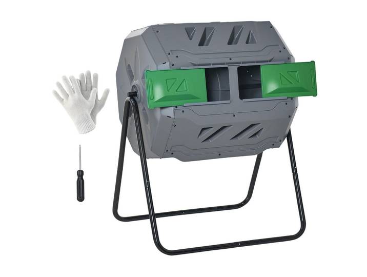 ComfortXL Kompostbehälter De-10334 160 L drehbar mit 2 Kammern Grau, Metall, 64x96x71 cm, Gartenzubehör, Gartenpflege, Gartengeräte
