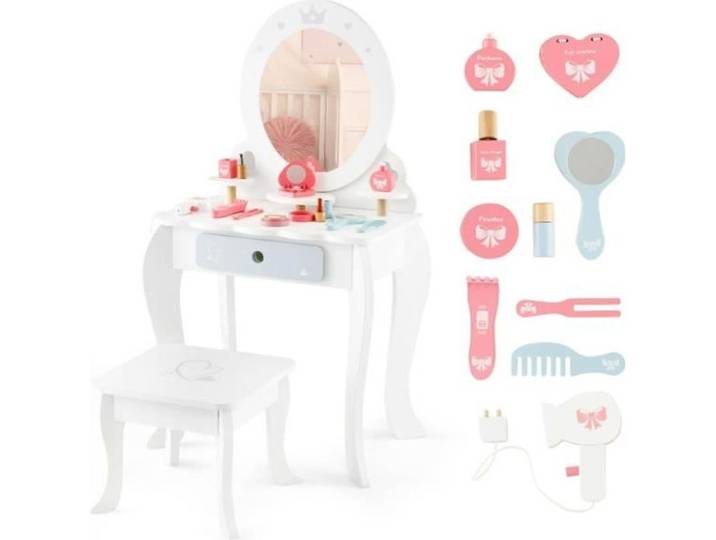 DREAMADE 2 en 1 Coiffeuse Enfant Fille avec Tabouret Miroir Amovible 3 Étagères et 1 Tiroir 10 Accessoires de Jouets 3+ Ans