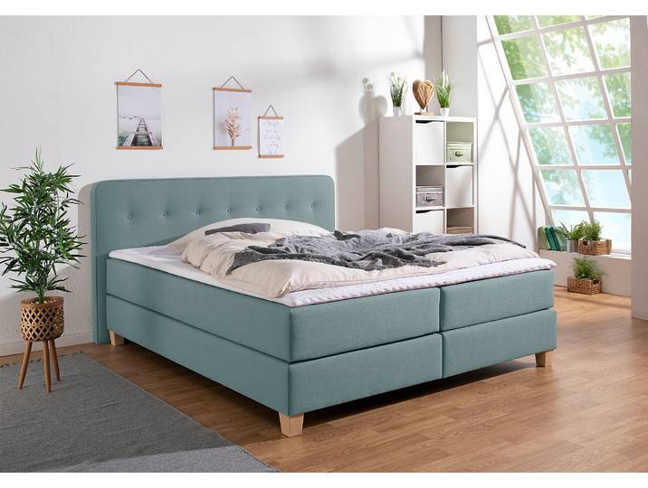 Boxspringbett, 173x207 cm, Struktur fein, Blau, Inkl. Topper & 7-Zonen-Matratze, Modern, Home-affaire