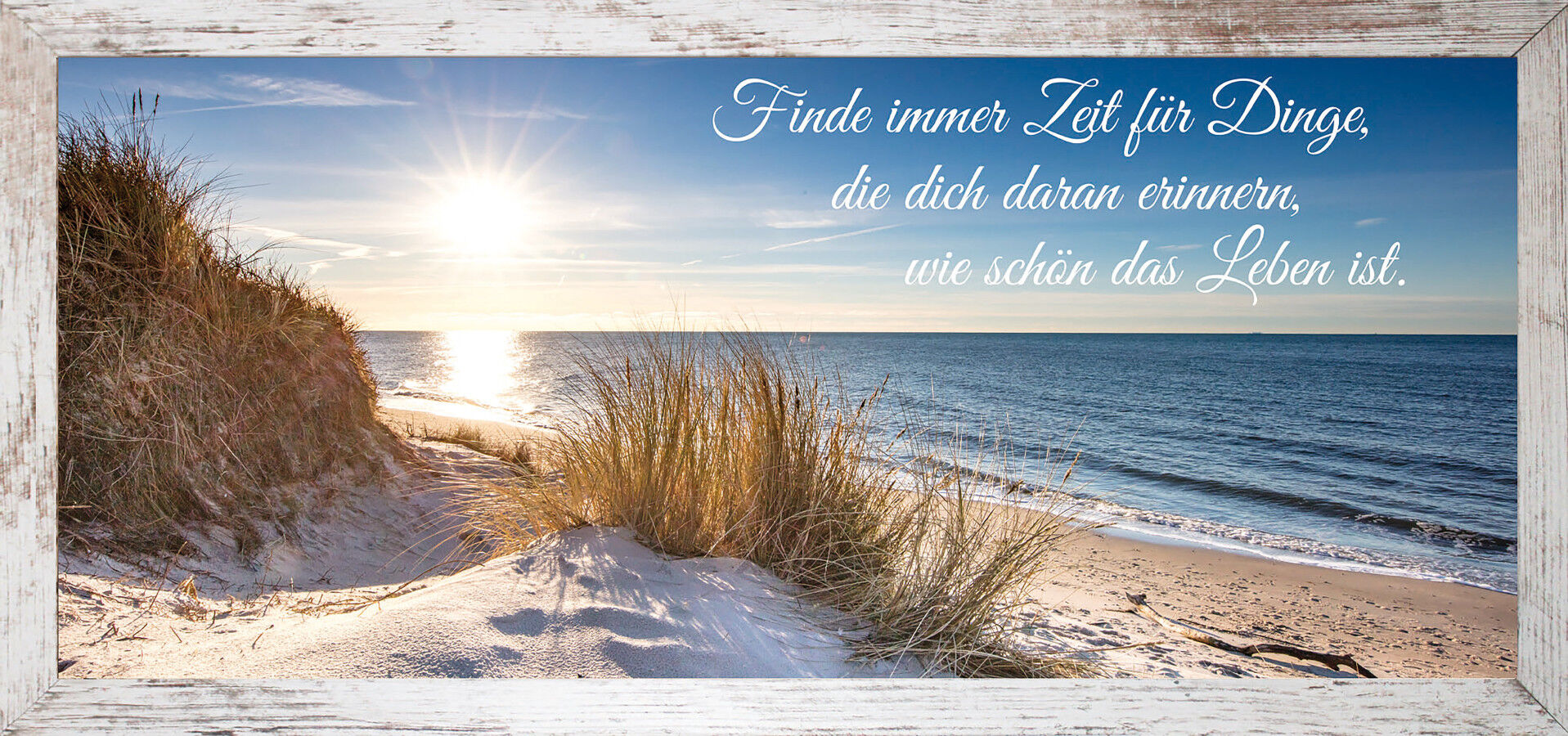 Bild mit Rahmen BÖNNINGHOFF "Wandbild gerahmt STRAND MIT SPRUCH ZEIT 23x49 cm – Natur Wanddeko", blau (farbe rahmen: vintage, farbe bild(er): blau, grün, gelb), B:23cm H:49cm T:2,1cm, MDF, Papier, Bilder, Bild mit Rahmen, mit dekorativem Rahmen farbe rahm
