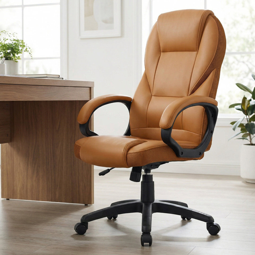 17 Stories Ergonomic Swivel Chair, Adjustable Height, For Office, Telework, With Silent Castors, 28.7" L X 27.6" W X (44.1"-48" H) Caramel Brown 122cm H X 67cm W X 67.3cm D
