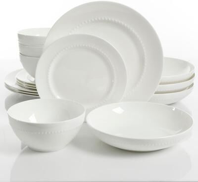 Gibson Friendly Feast 16 Piece Beaded Bone China Double Bowl Dinnerware Set