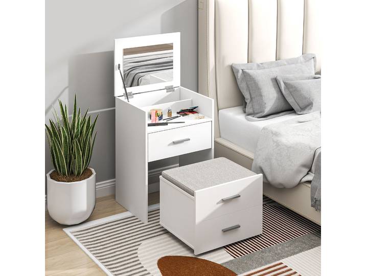 HOMCOM Coiffeuse Bois Blanc avec Miroir, 2 Tiroirs et Tabouret