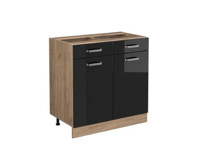 Vicco Küchenunterschrank R-Line, Schwarz Hochglanz, 80 cm 2 Schubladen · Ohne Arbeitsplatte · Höhenverst. Füße · Metallgriffe · Leichter Zugriff