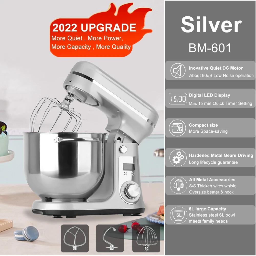 Küchenmaschine Standmixer BM-601 - 6 L Edelstahlschüssel - 1200 W - 6 Geschwindigkeiten - Kippkopf - 220 V EU-Stecker - Silber