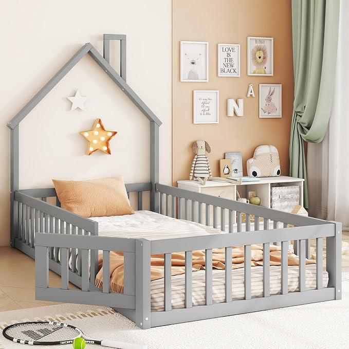 Hausbett, Kinderbett mit Schornsteinform, Bett mit Lattenrost, Kiefernholz, Minimalistischer Stil (Grau, 90x200cm)