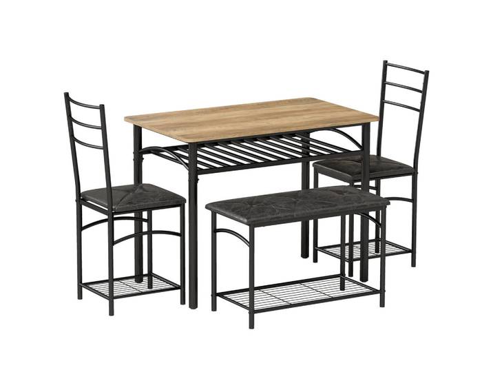 Homcom Essgruppe 4er Set Metall MDF Rustikal-Braun, Nachbildung, 1 Fächer, Füllung: Schaumstoff, Rechteckig, eckig, 60x76.3x100 cm, Esszimmer, Bank, Tisch- & Eckbankgruppen