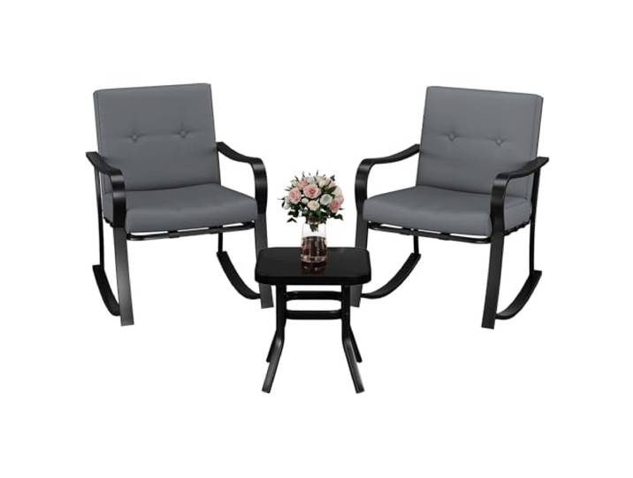 Koioplie 3-Teiliges Outdoor Schaukelstuhl Set Wetterfeste Garten Sitzgruppe mit Glas-Bistrotisch & Sitzkissen für Balkon und Terrasse