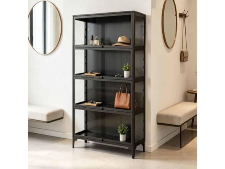 Gavoir Vitrinenschrank Glas Schwarz Modern Für Die Küche Wohnzimmer 4-Lagen Glasvitrine Stehend Vitrinenschrank 32x78x165cm Sammlervitrine Vitrine