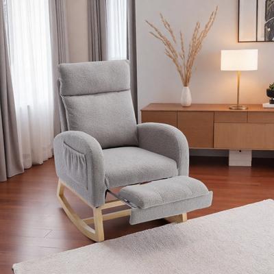 Teddy Rocking Chair with Thickened Headrest and High Backrest and Storage Pocket and Solid Wood Base